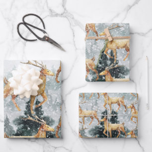 Eleganter Snowy Forest Woodland Rentierstag Geschenkpapier Set