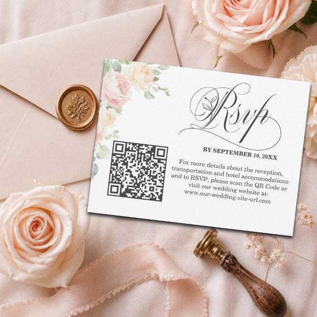 Eleganter Soft Blush Rosen QR Code Hochzeit RSVP Postkarte (Von Creator hochgeladen)