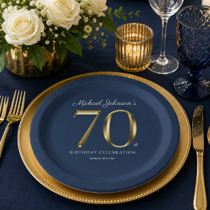Eleganter solider Goldtext Navyblau 70. Geburtstag Pappteller