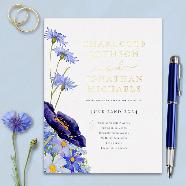 Eleganter Sommer Blau und Gold Folie Einladungspostkarte (Elegant blue wildflower gold foil wedding invitation summer floral watercolor )