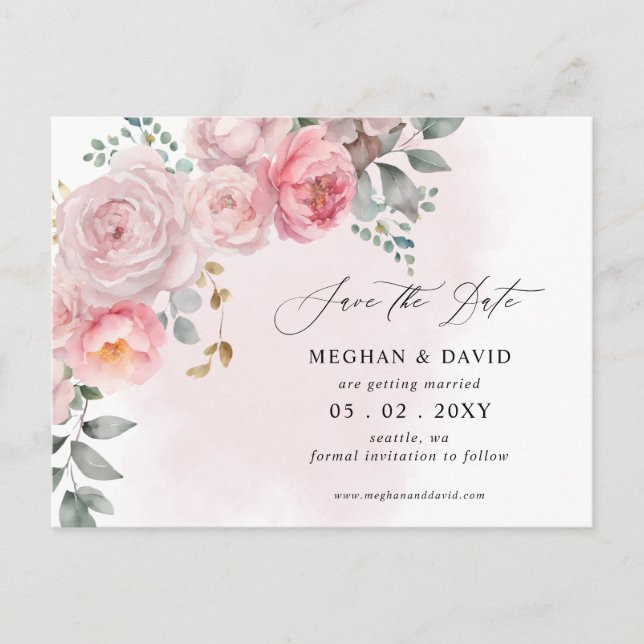Eleganter Sommer Blush Bloral Save the Date Ankündigungspostkarte (Vorderseite)