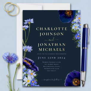 Eleganter Sommer Floral Navy Blau und Gold Folie Einladungspostkarte