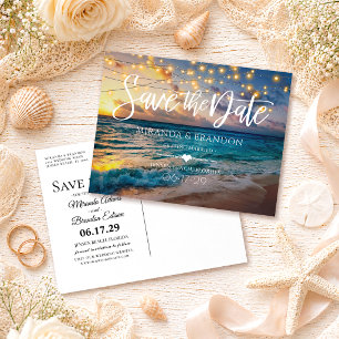 Eleganter Sommer Sunset Beach Hochzeit Save the Da Ankündigungspostkarte