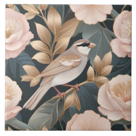 Eleganter Sparrow Rosa und Gold Floral Fliese