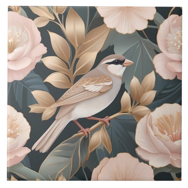 Eleganter Sparrow Rosa und Gold Floral Fliese (Vorderseite)