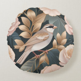 Eleganter Sparrow Rosa und Gold Floral Rundes Kissen