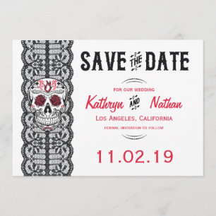 Eleganter Spitzenzuckerschädel Speichern Sie die D Save The Date