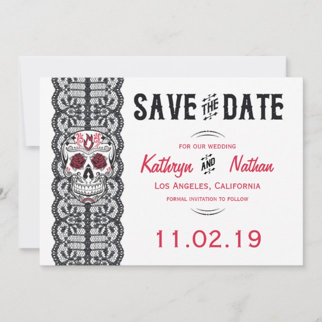 Eleganter Spitzenzuckerschädel Speichern Sie die D Save The Date (Vorderseite)