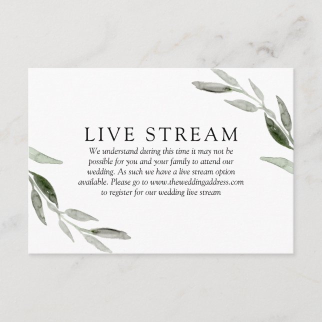 Eleganter Spring Green Leaf Wedding Live Stream Begleitkarte (Vorderseite)