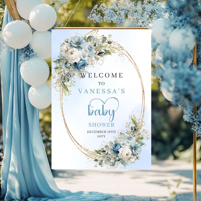 Eleganter staubblauer Baby Shower Poster mit golde (Elegant Dusty Blue Baby Shower Poster Gold Script Design)