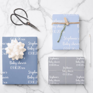 Eleganter staubblauer Babyparty Baby Junge Geschenkpapier Set