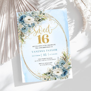 Eleganter staubblauer Blumen-Gold-Sweet-Sixteen-16 Einladung