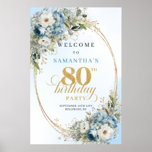 Eleganter staubblauer Blumen-Goldrahmen 80. Geburt Poster