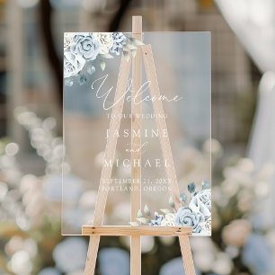 Eleganter staubblauer Blumen-Hochzeit-Empfang Acrylschild