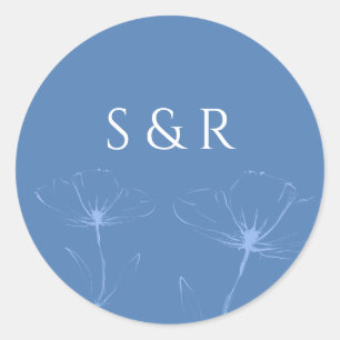 Eleganter Staubblauer Blumen-Linienkunst-Monogramm Runder Aufkleber