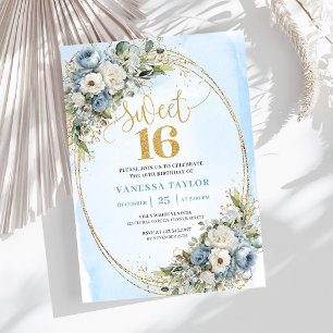 Eleganter staubblauer Blumen-Sweet-Sixteen Einladung