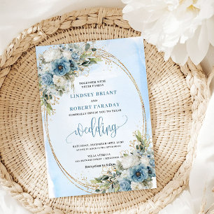 Eleganter Staubblauer Blumenhochzeit Goldrahmen Einladung