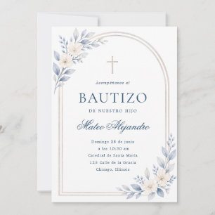 Eleganter staubblauer floraler spanischer Bautizo- Einladung