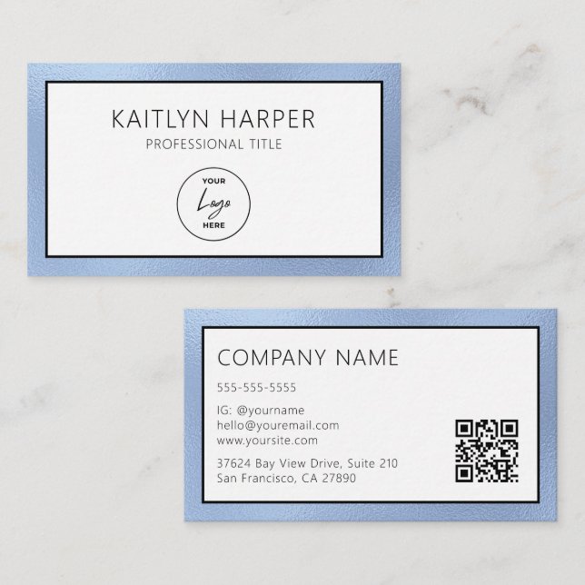 Eleganter staubblauer Folienrand-Logo-QR-Code Visitenkarte (Vorne/Hinten)