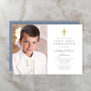 Eleganter Staubblauer Kreuz-Foto-Junge Erste Kommu Einladung