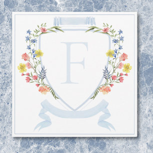 Eleganter staubblauer Pastell-Wildblumen-Wappen-Ho Dankeskarte