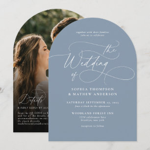Eleganter Staubblauer QR-Code-Rsvp-Photo-Hochzeits Einladung