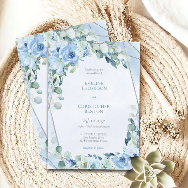 Eleganter, staubblauer silberfarbener Aquarellrahm Einladung (watercolor blue winter flowers mixed eucalyptus and silver frame wedding invitation)