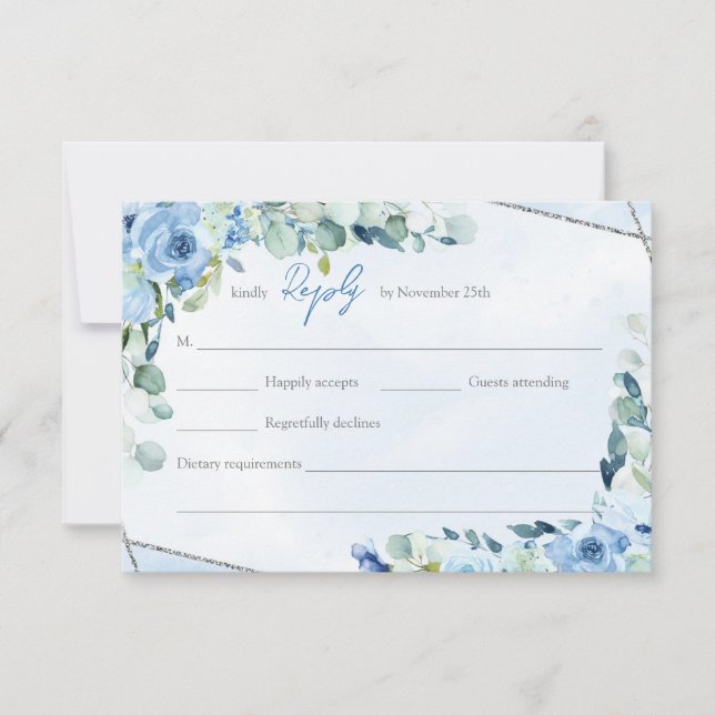 Eleganter, staubblauer silberfarbener Aquarellrahm RSVP Karte (Vorderseite)