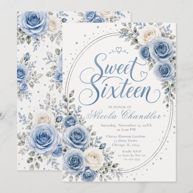 Eleganter Staubblauer Sweet 16 Einladung (Vorne/Hinten)