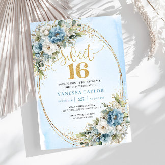 Eleganter staubblauer Sweet 16. Geburtstag mit Grü Einladung