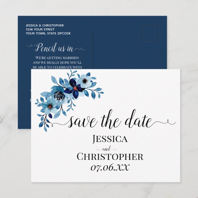 Eleganter staubblauer Wasserfarben-Blumenstrauß Ankündigungspostkarte (Vorne/Hinten)