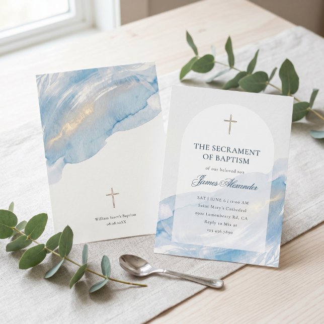 Eleganter staubblauer Wasserfarbenbogen Minimal-Ta Einladung (Elegant Blue Watercolor Baptism Invitation Template for Boys)