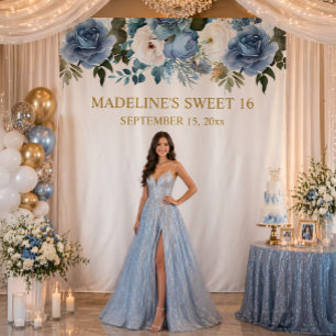 Eleganter staubblauer weißer Blumen-Sweet-16-Foto  Wandteppich