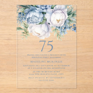 Eleganter staubblauer weißer Blumenstrauß zum 75. Acryleinladungen