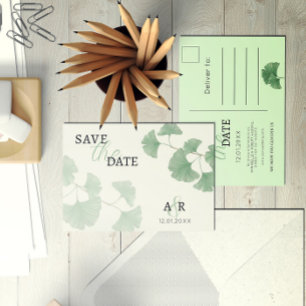 Eleganter staubgrüner Ginkgo-Blumen-Save-the-Date Einladungspostkarte