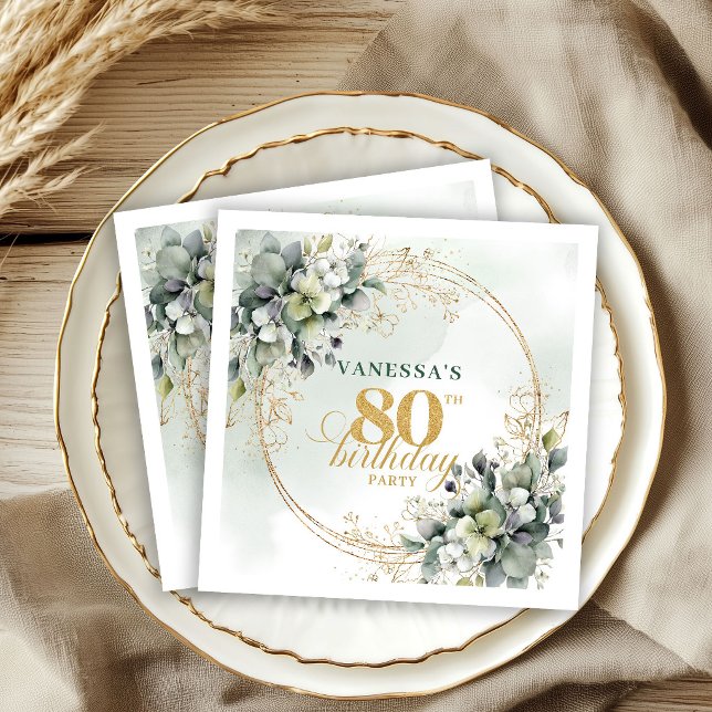 Eleganter staubgrüner Gold-Eukalyptus 80. Geburtst Serviette (Elegant Dusty Green Gold Eucalyptus 80th Birthday Napkins)