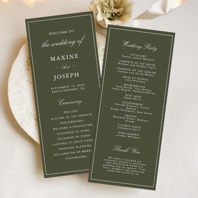 Eleganter Staubgrüner Skript Klassische Hochzeit Programm (Elegant dusty green wedding programs keep guests informed with timeless style and grace.)