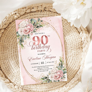 Eleganter staubiger rosa Goldgrün 90. Geburtstag Einladung