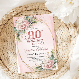 Eleganter staubiger rosa Goldgrün 90. Geburtstag Einladung