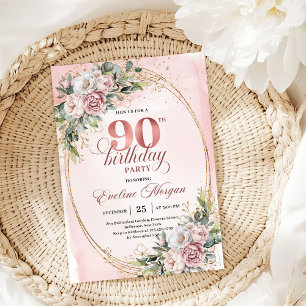 Eleganter Staubrosa Gold Blumen 90. Geburtstag   Einladung