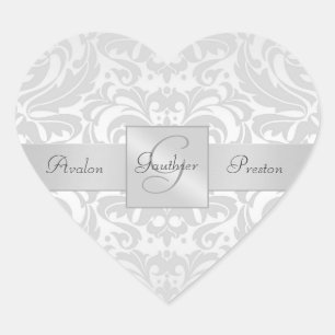 Eleganter Sticker für Silver Damask Heart Wedding