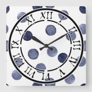 Eleganter Stil, Aquarellpolka-Punkt, blau und weiß Quadratische Wanduhr