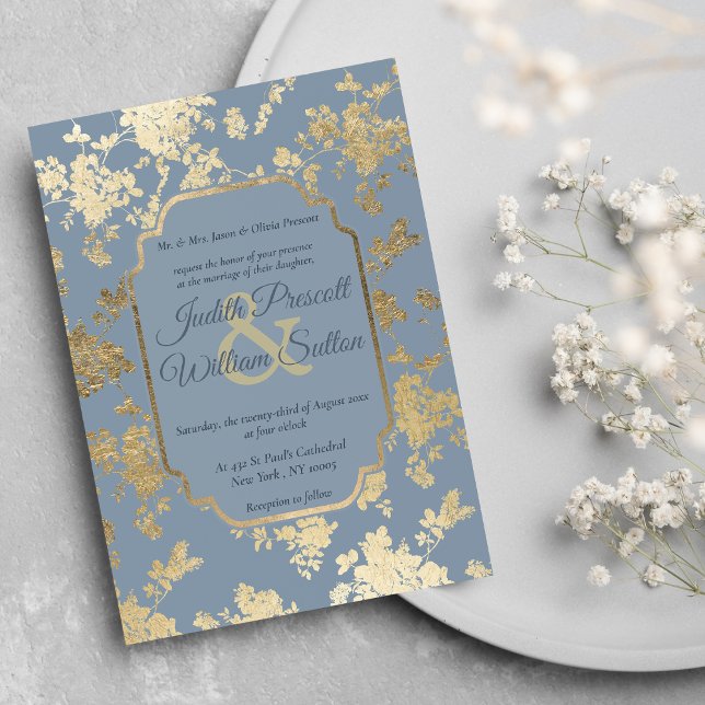 Eleganter Stil Dusty Blue Gold Floral Wedding Einladung (Elegant Style Dusty Blue Gold Floral Wedding )