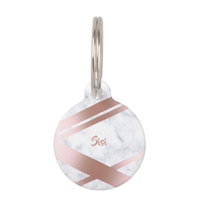 Eleganter stilvoller girly Rosengoldweißmarmor Haustiermarke (Vorderseite)