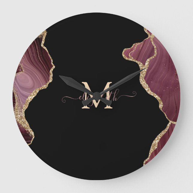 Eleganter, stilvoller Gold Glitzer Burgundy Agate Große Wanduhr (Vorderseite)