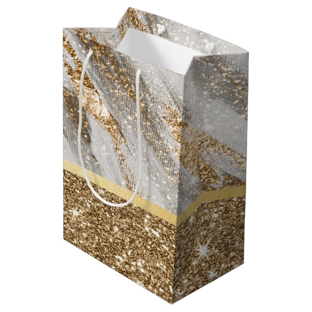 Eleganter, stilvoller Gold Glitzer Shiny Mittlere Geschenktüte (Rückseite Schrägansicht)
