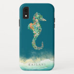 Eleganter Strand-botanisches Seepferd-Blau Case-Mate iPhone Hülle<br><div class="desc">Botanisches Seepferd der eleganten Insel des Watercolor tropischen mit dem Akzent des sandigen Strandes,  personalisiert mit Namen,  Fall iPhone Blau des tiefen Ozeans.</div>