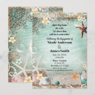 Eleganter Strand Seestern Perlen Verlobungsfoto Einladung