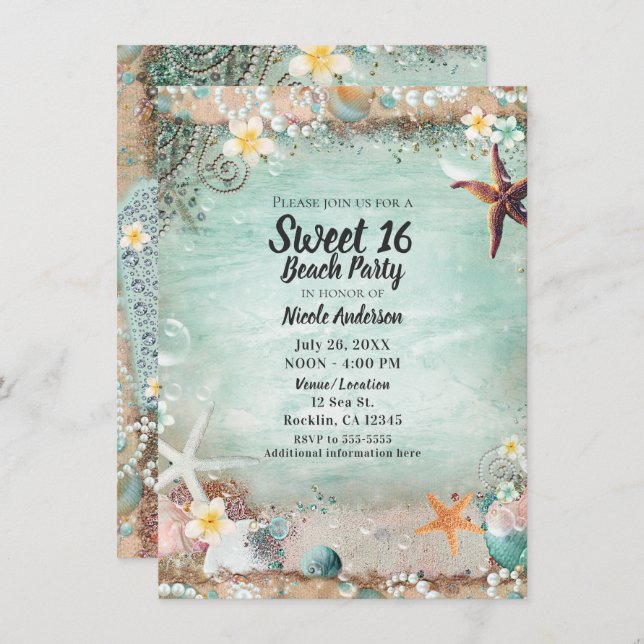 Eleganter Strandseeufel & Perlen Sweet 16 Foto Einladung (Vorne/Hinten)