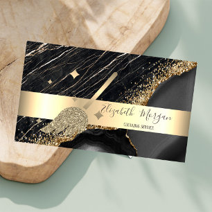Eleganter Streifen Black Marble Gold Sequins Broom Visitenkarte